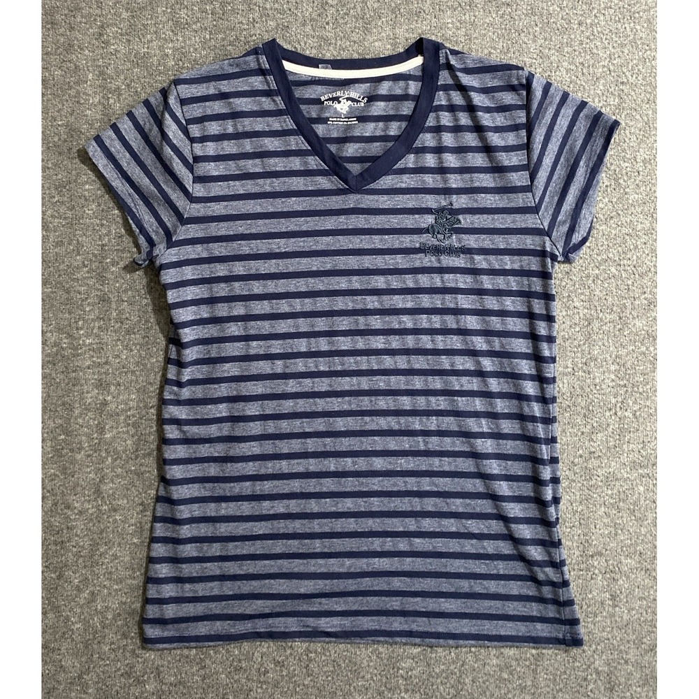 Beverly Hills Polo Club Womens V Neck T Shirt Logo Striped Size L